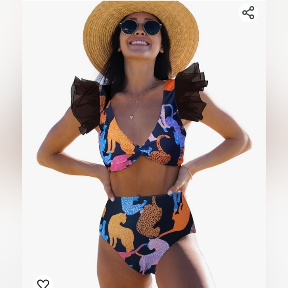 SPORLIKE Ruffle High Waist Swimsuit Two Pieces Tropical Print Bikini NWOT